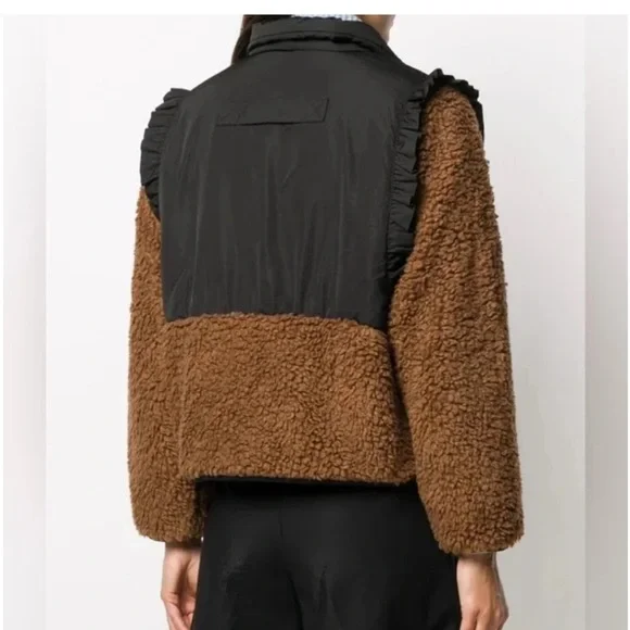 Sandy Liang Mia Fleece Teddy Cropped Jacket in Black & Brown Size Small